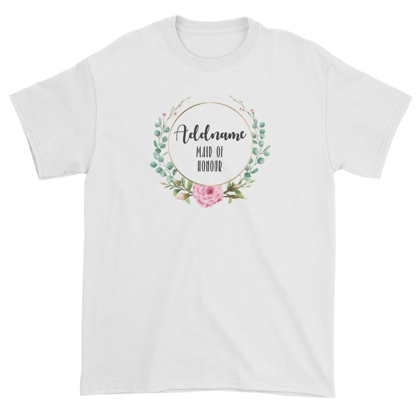 Bridesmaid Floral Modern Pink Flowers With Circle Maid Of Honour Addname Unisex T-Shirt