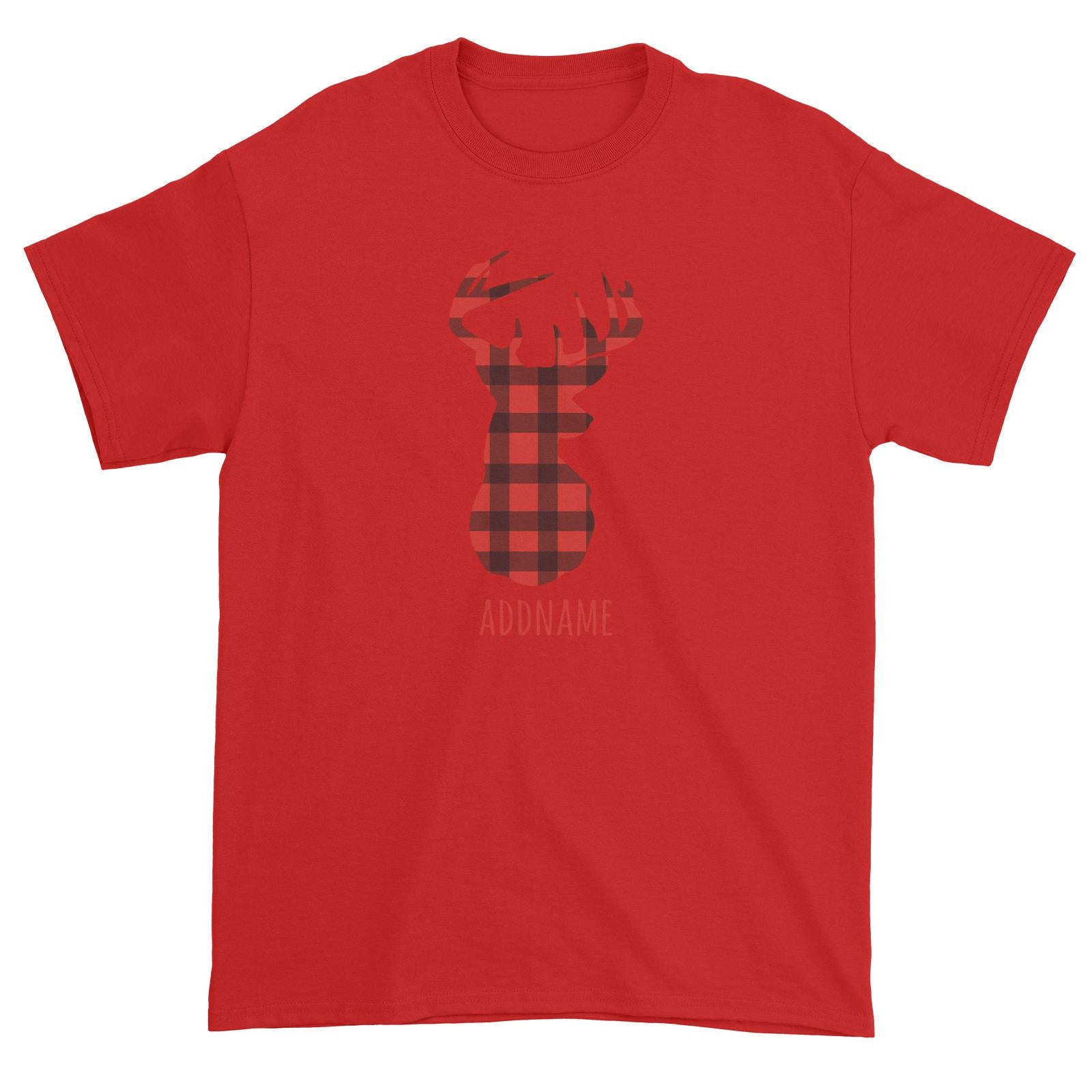 Papa Deer Silhouette Checkered Pattern Addname Unisex T-Shirt Christmas Matching Family Animal Personalizable Designs