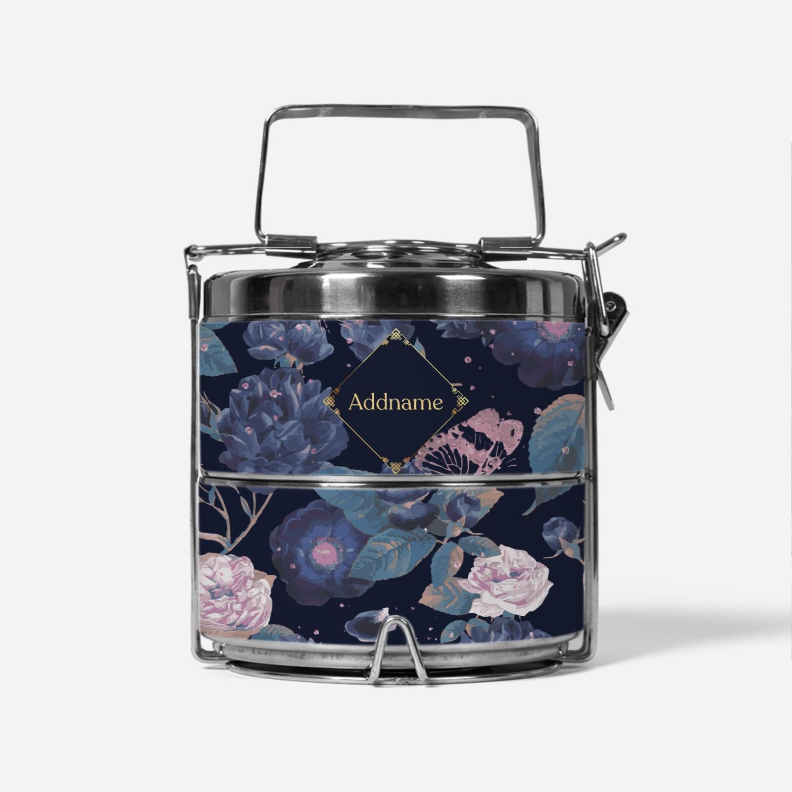Royal Floral Series With English Personalization Two Tier Premium Tiffin Carrier - Serene Moonlight
