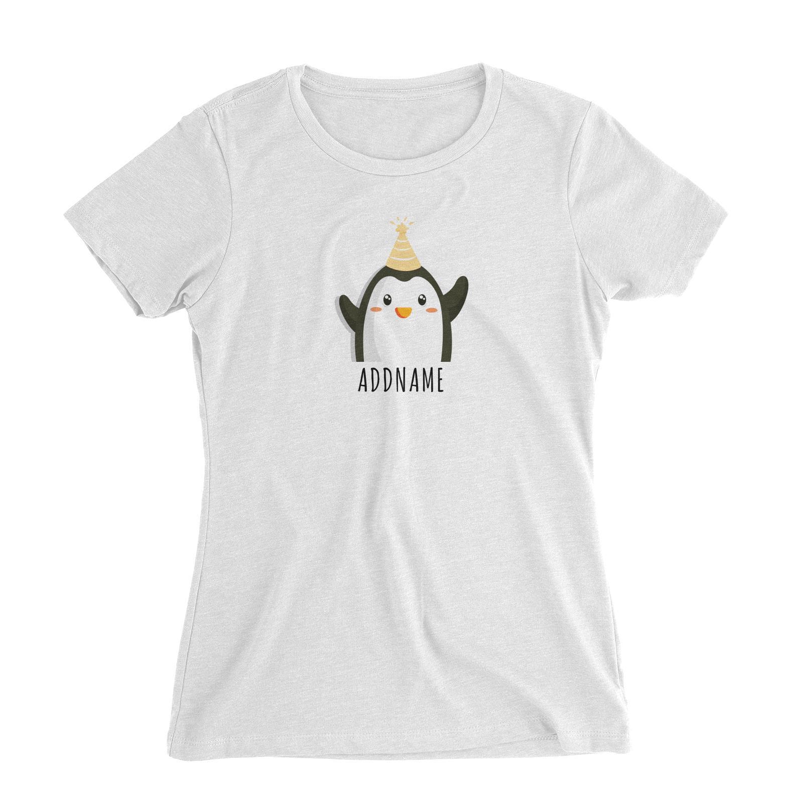 Birthday Cute Penguin Wearing Party Hat Addname Women's Slim Fit T-Shirt