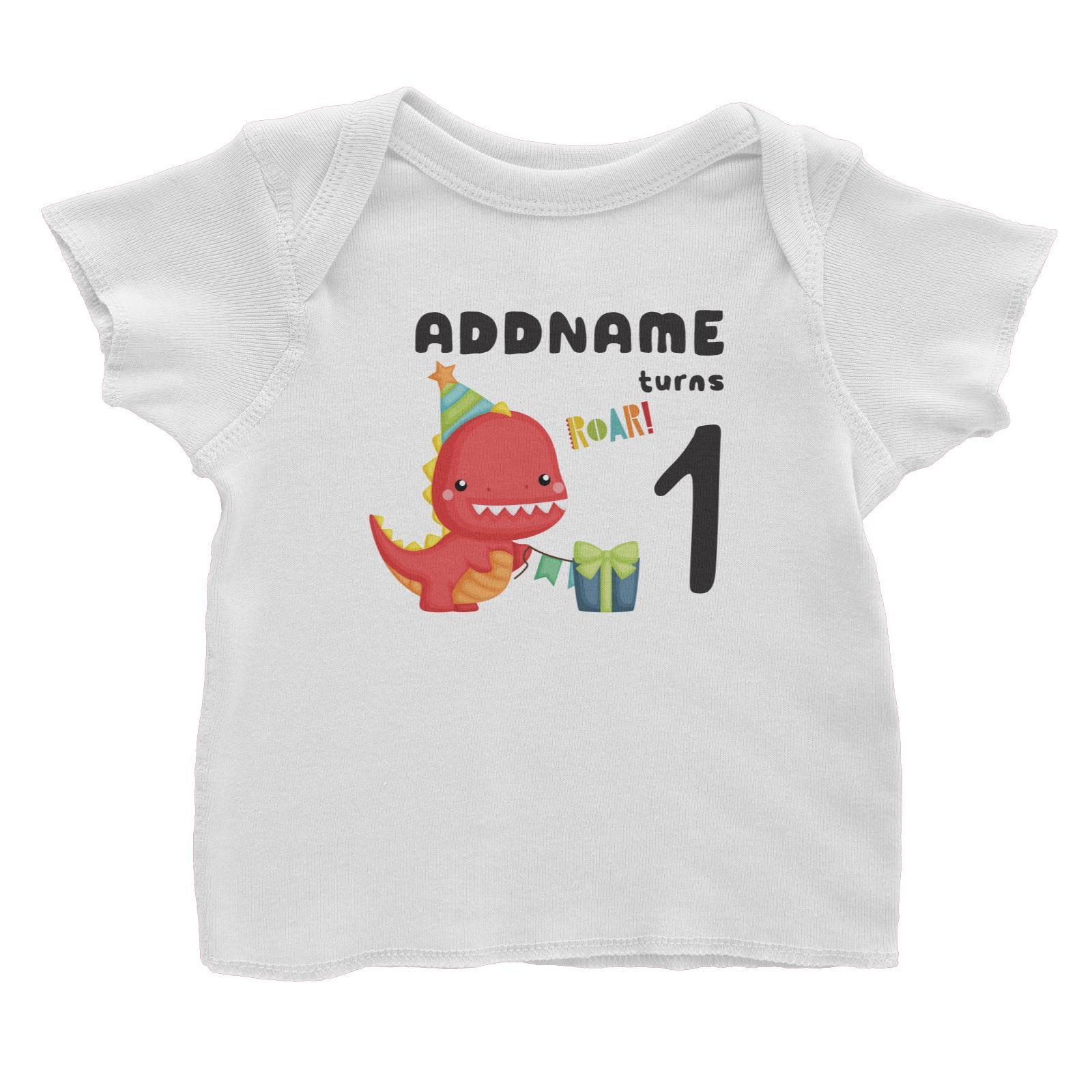 Birthday Dinosaur Happy Red Rex Wearing Party Hat Addname Turns 1 Baby T-Shirt