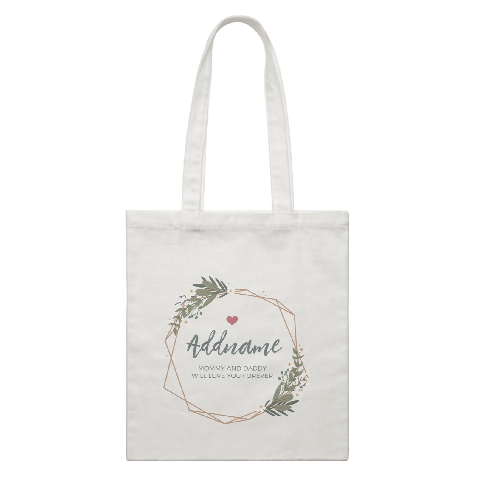 White Flowers and Geometric Frame Wreath Personalizable with Name and Text White Canvas Bag