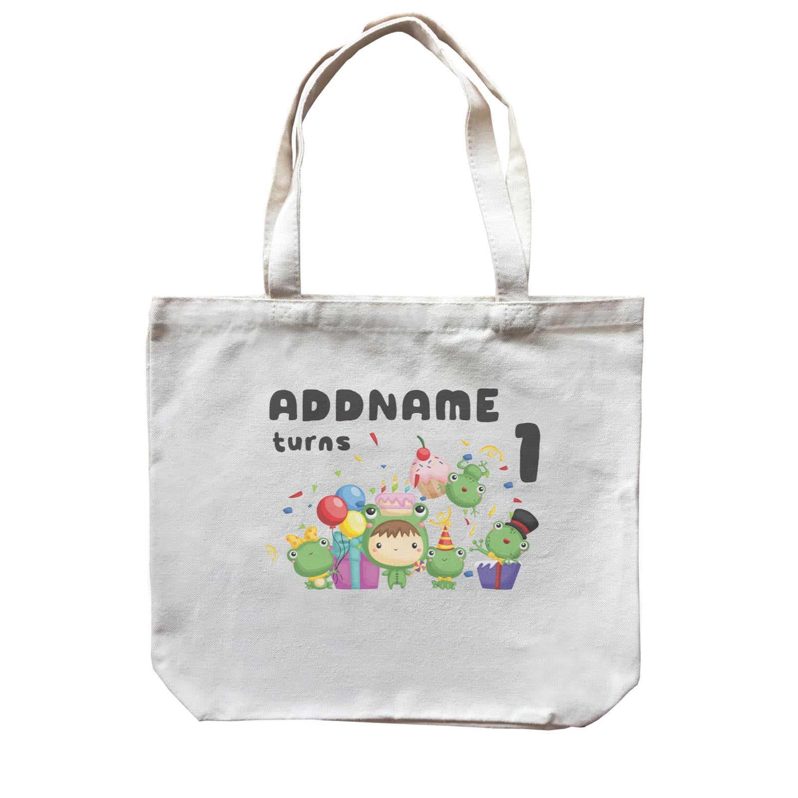Birthday Frog Happy Frog Group Addname Turns 1 Canvas Bag