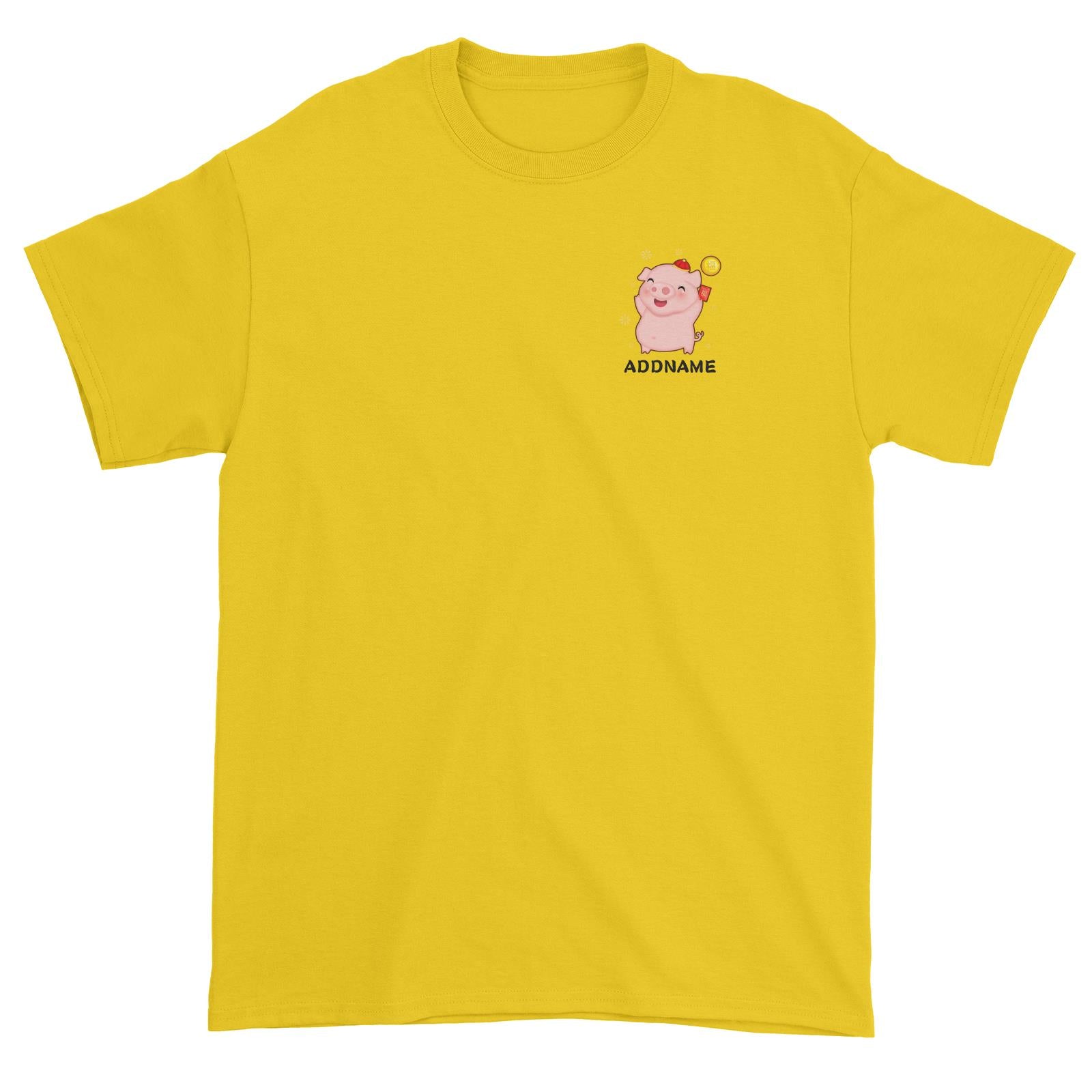 Cute Pig CNY Pig Boy with Red Packet and Happiness Symbol Pocket Design Unisex T-Shirt