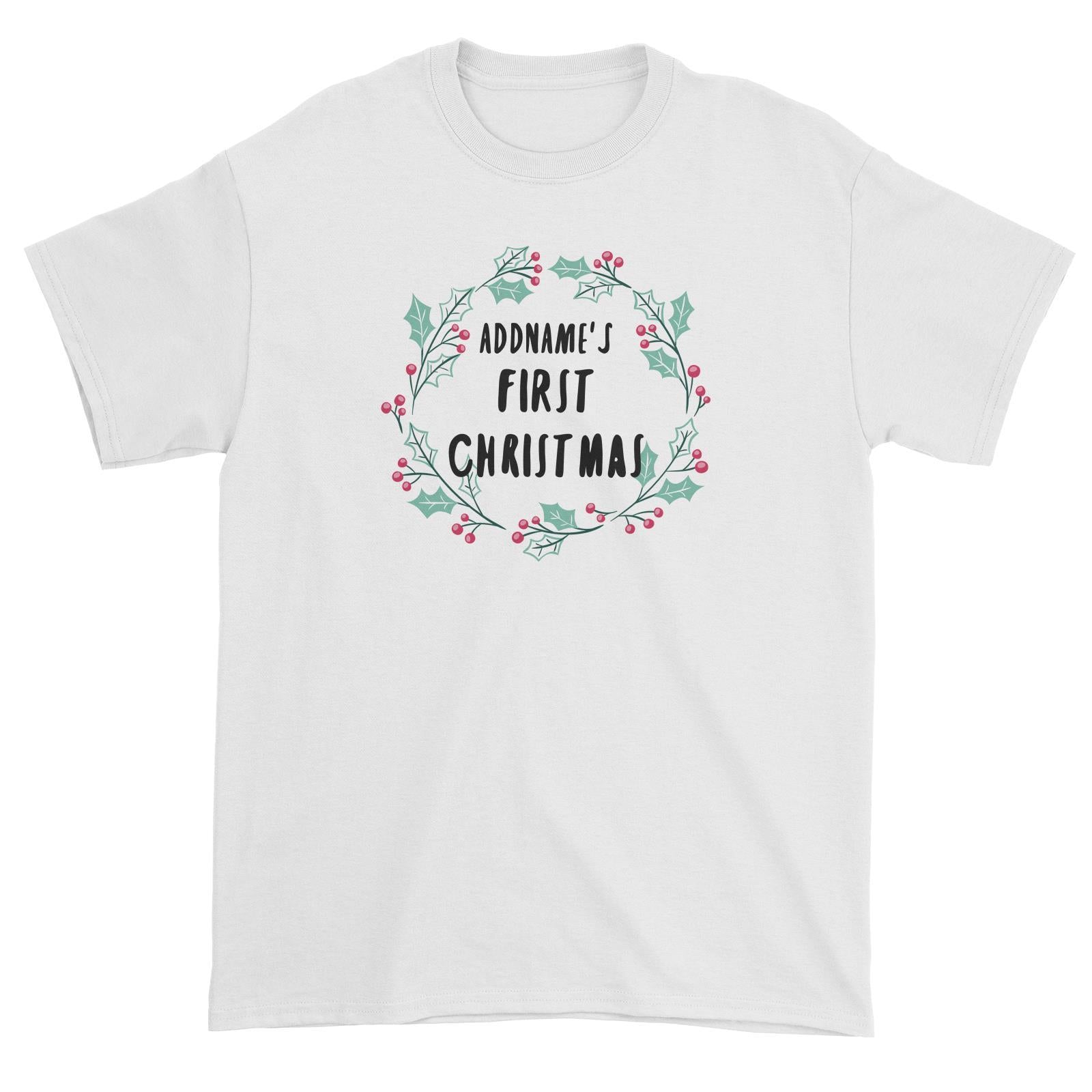Holly Wreath Addname's First Christmas Unisex T-Shirt  Personalizable Designs
