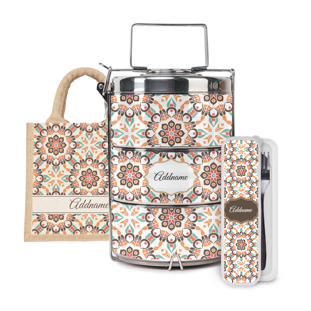 Moroccan Series - Arabesque Geo Brown Half Lining Lunch Bag, Tiffin Carrier and Cutlery Set