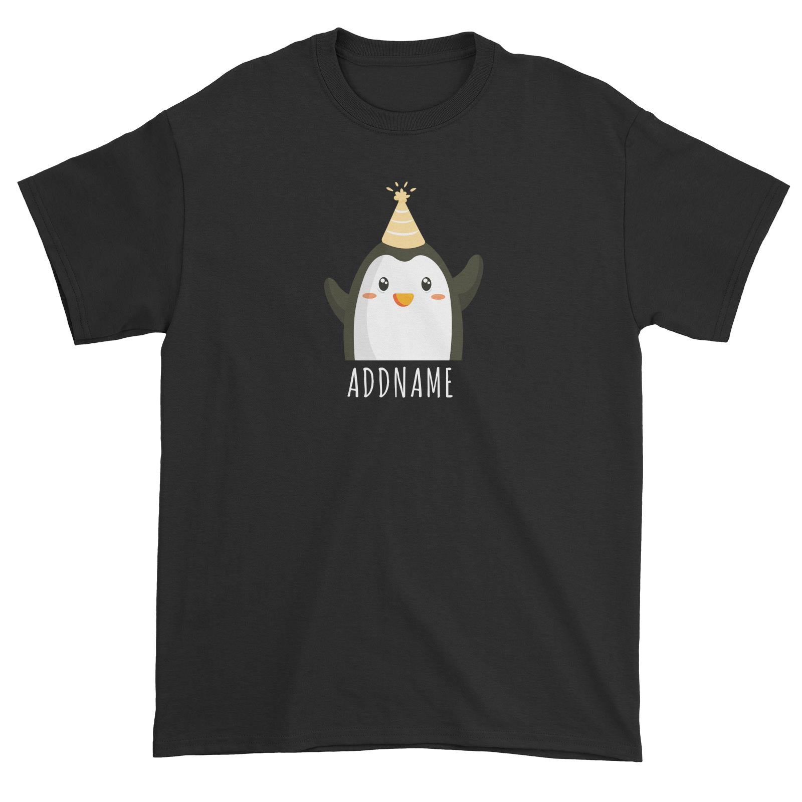 Birthday Cute Penguin Wearing Party Hat Addname Unisex T-Shirt
