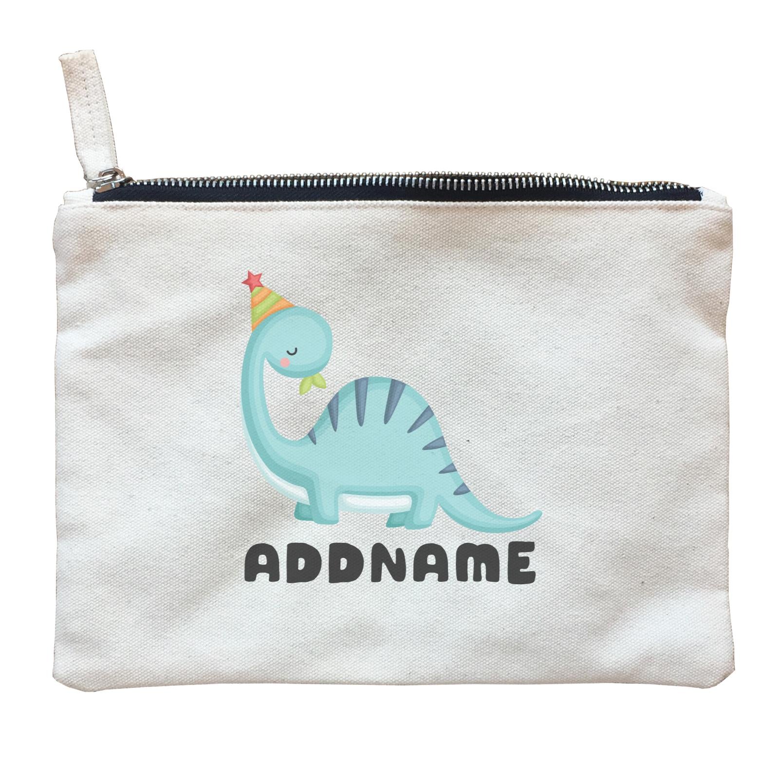 Birthday Dinosaur Happy Blue Long Neck With Party Hat Addname Zipper Pouch