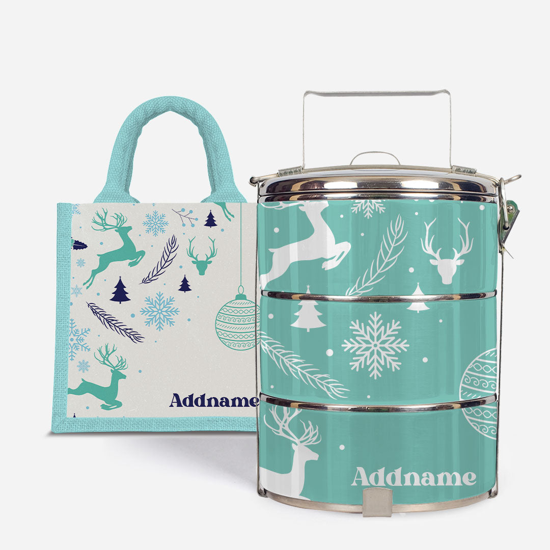 Christmas Series Standard Tiffin  with Half Lining Lunch Bag Jubilant Reindeers Light Blue