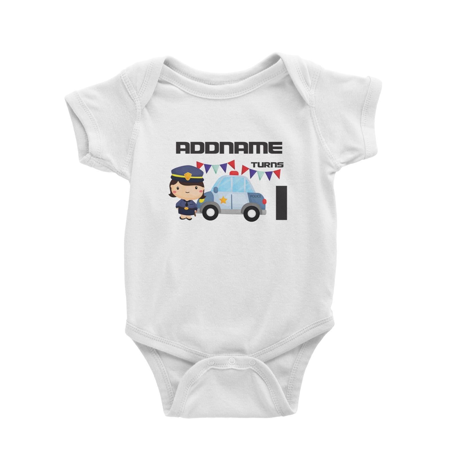 Birthday Police Officer Girl In Suit With Police Car Addname Turns 1 Baby Romper