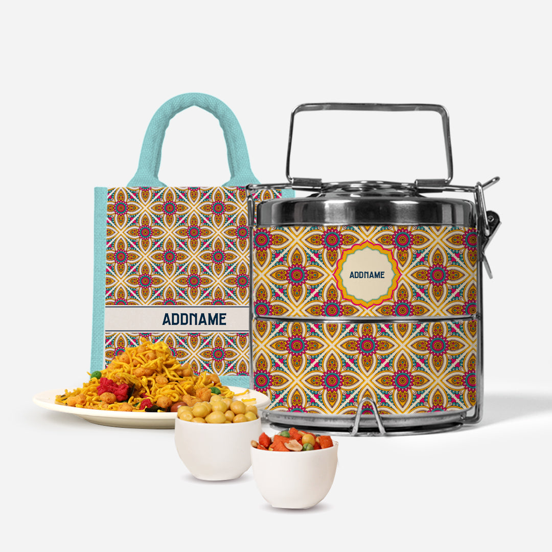 Pookal Series Half Lining Lunch Bag with Premium Two Tier Tiffin Carrier and Snacks - Vibrant Tiles Light Blue