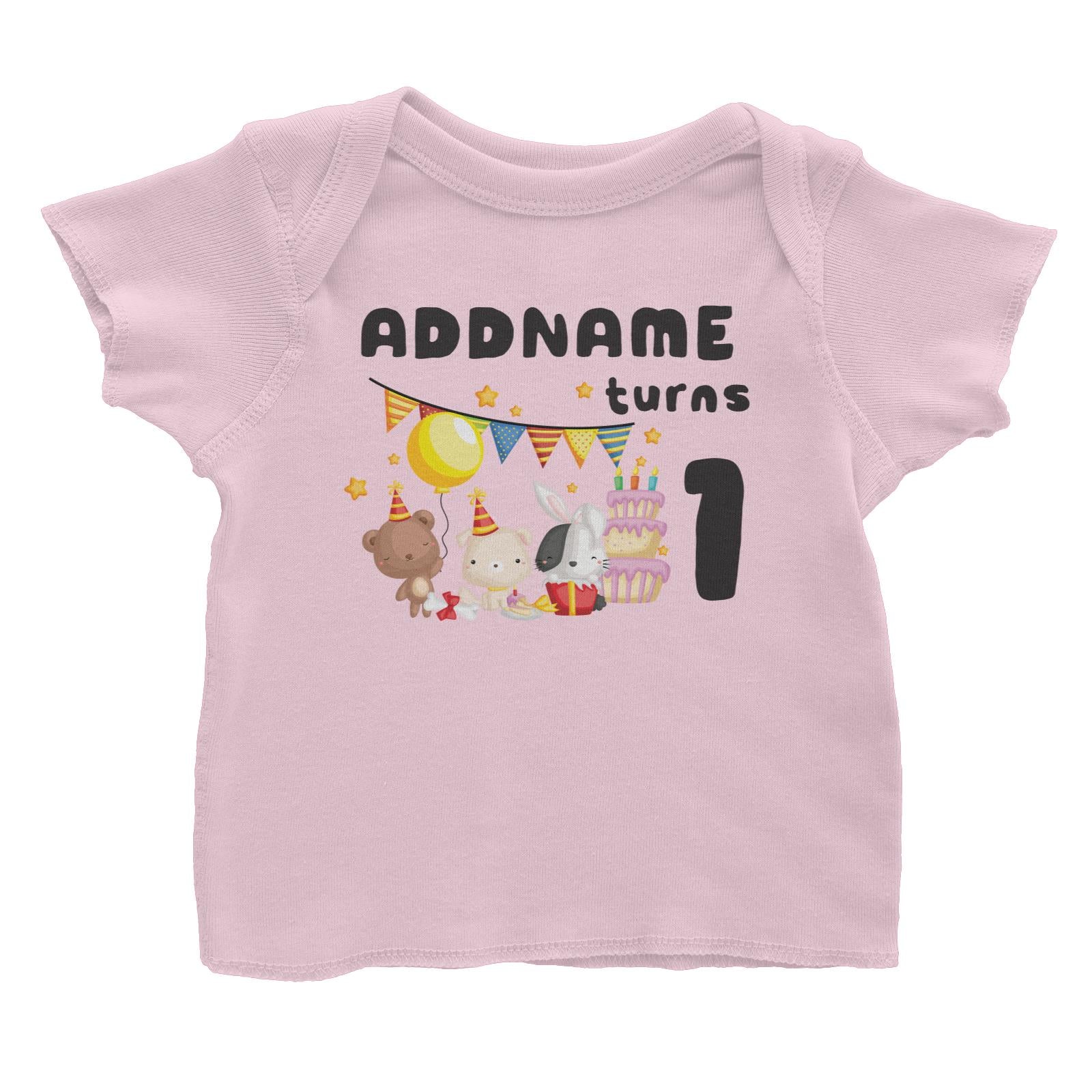 Birthday Friendly Animals Rabbit Bear And Dog Party Addname Turns 1 Baby T-Shirt