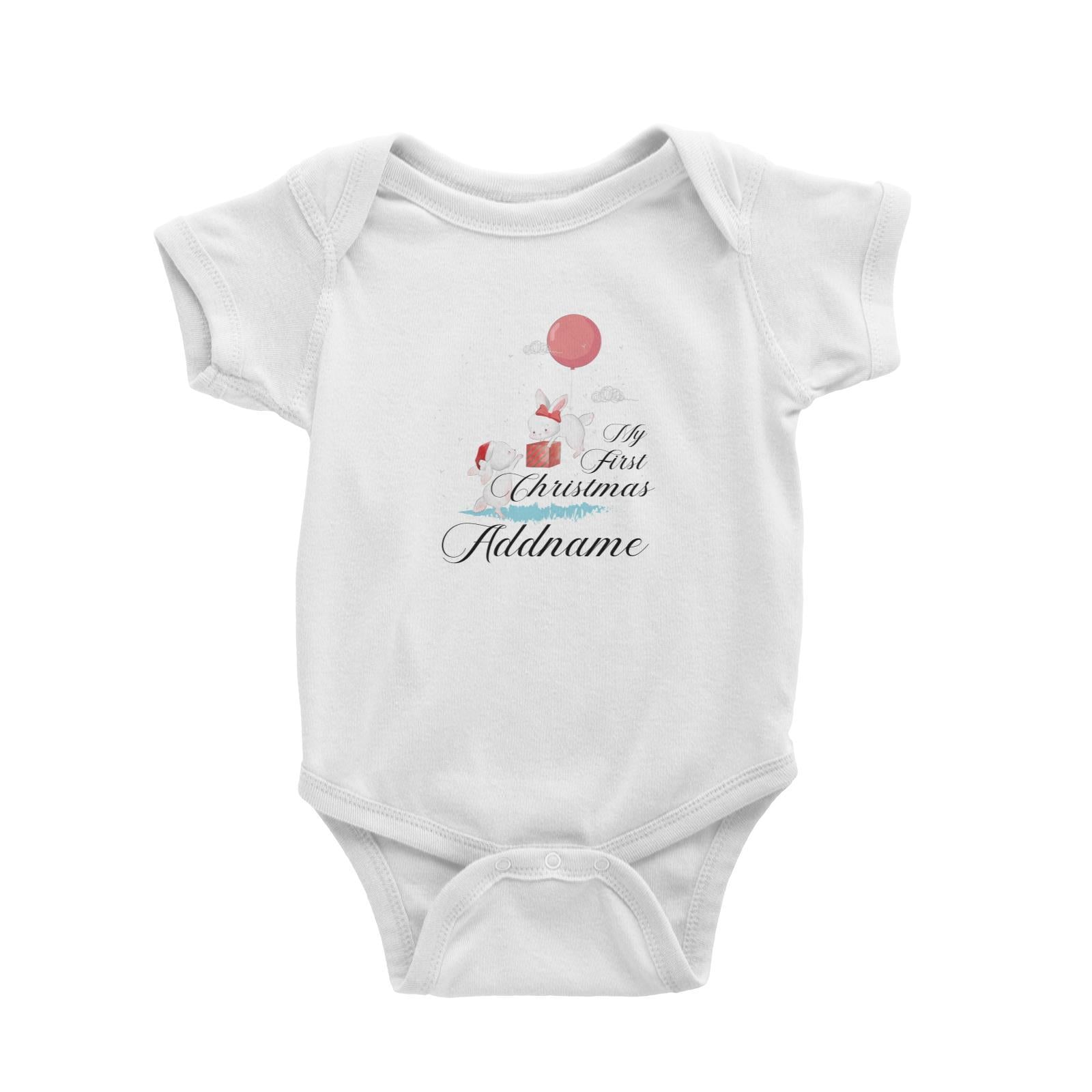 Christmas Cute Rabbits With Balloon and Present My First Christmas Addname Baby Romper