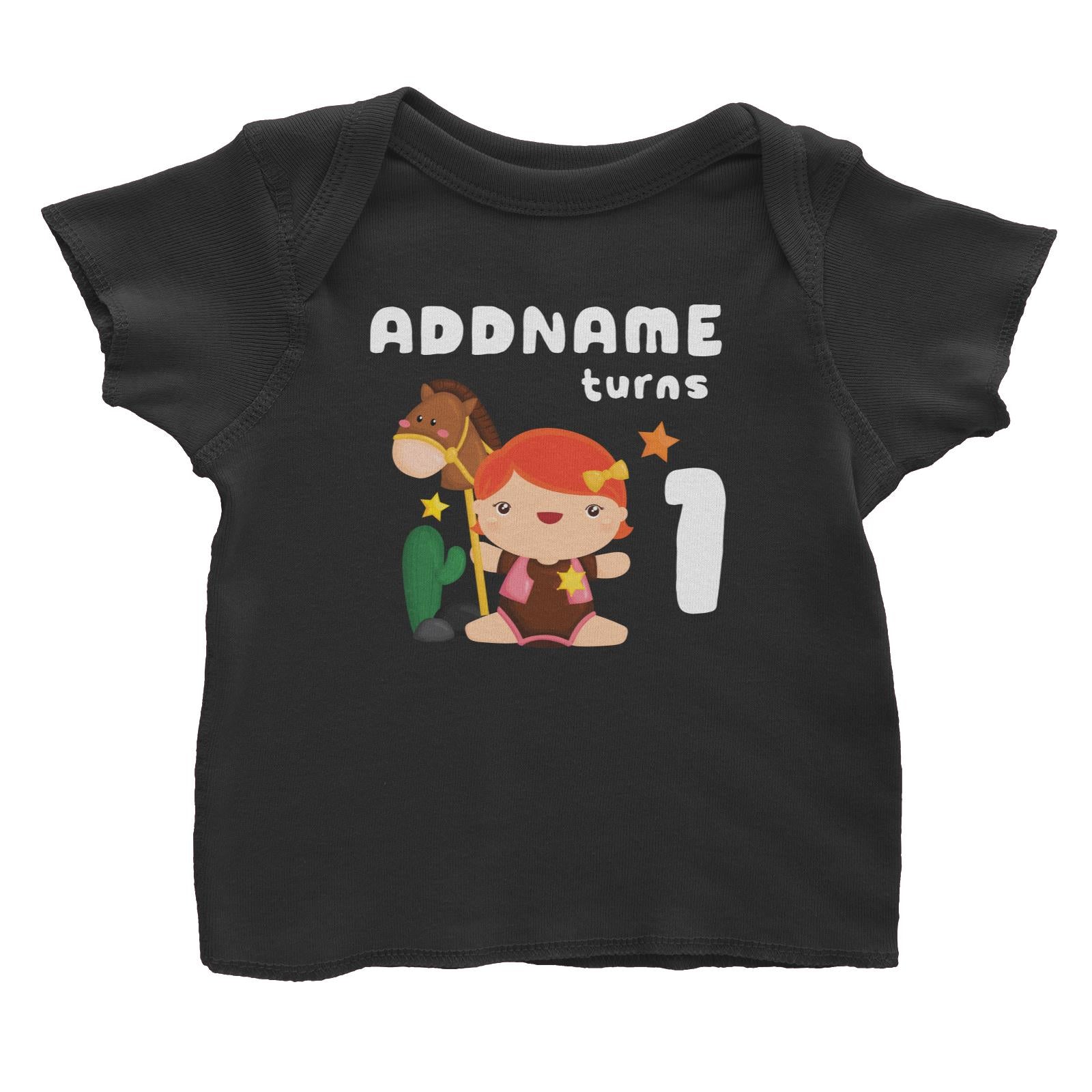 Birthday Cowboy Style Little Cowgirl Holding Toy Horse Addname Turns 1 Baby T-Shirt