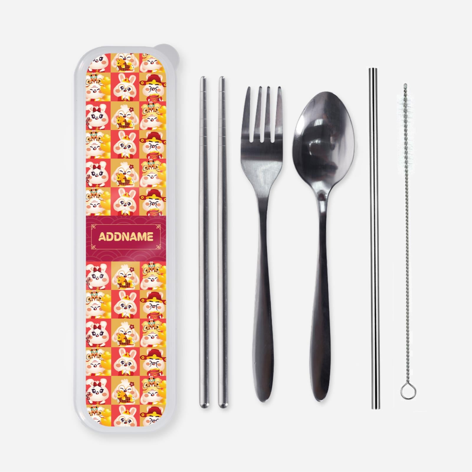 Cny Rabbit Family - Rabbit Family Red Cutlery With English Personalization