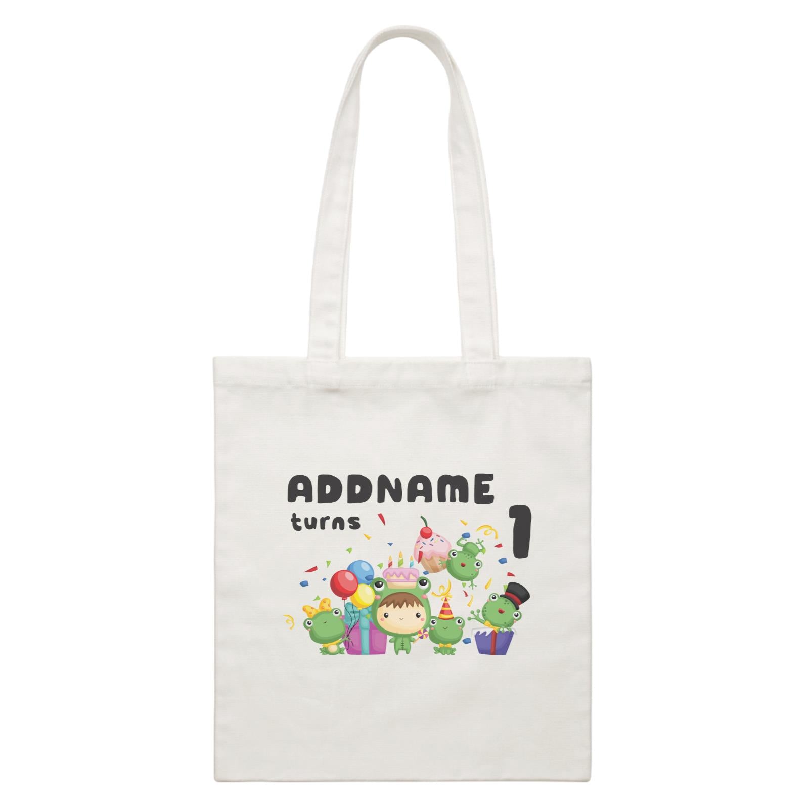 Birthday Frog Happy Frog Group Addname Turns 1 White Canvas Bag