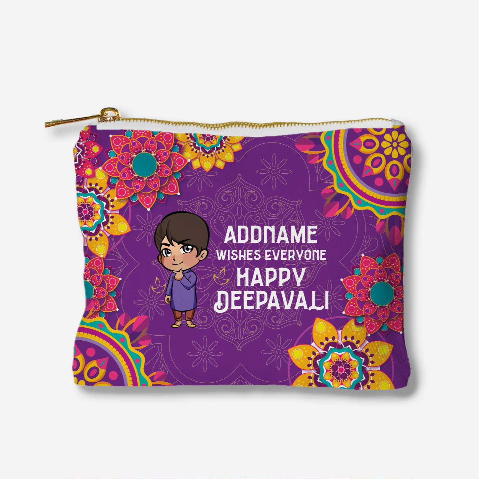 Deepavali Chibi Full Print Zipper Pouch - Little Boy Addname Wishes Everyone Deepavali
