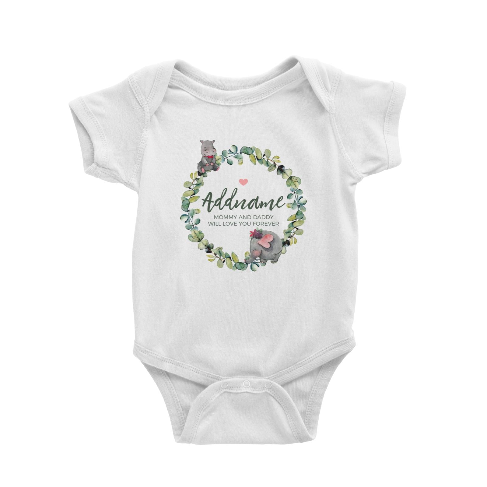 Watercolour Hippo and Elephant Leaf Wreath Personalizable with Name and Text Baby Romper