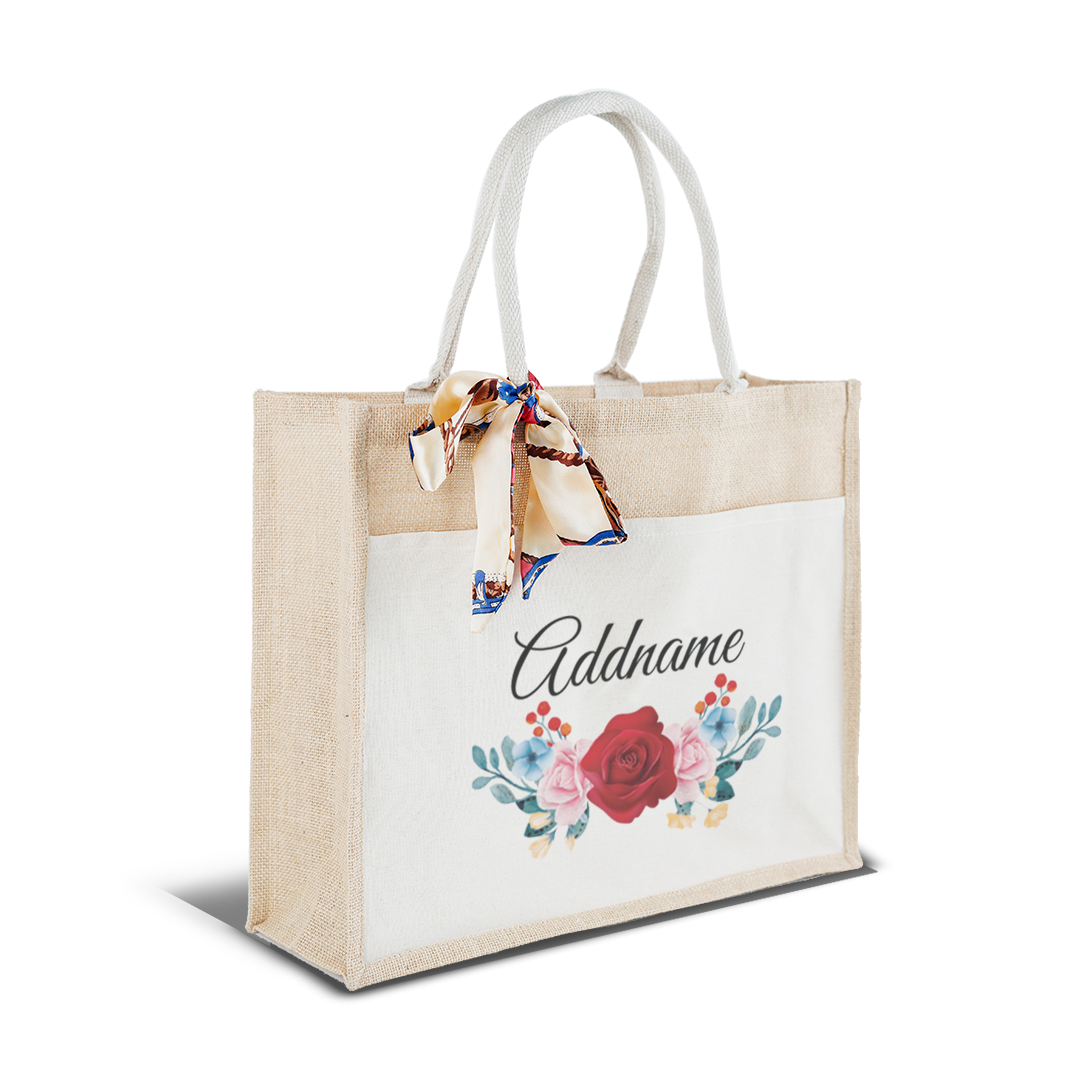 Colorful Rose Jute Bag with Front Pocket
