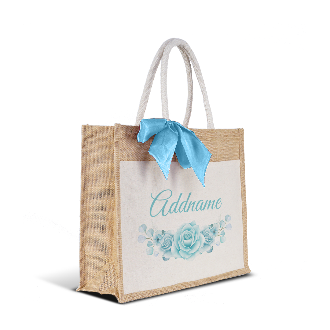 Turquoise Rose Jute Bag with Front Pocket