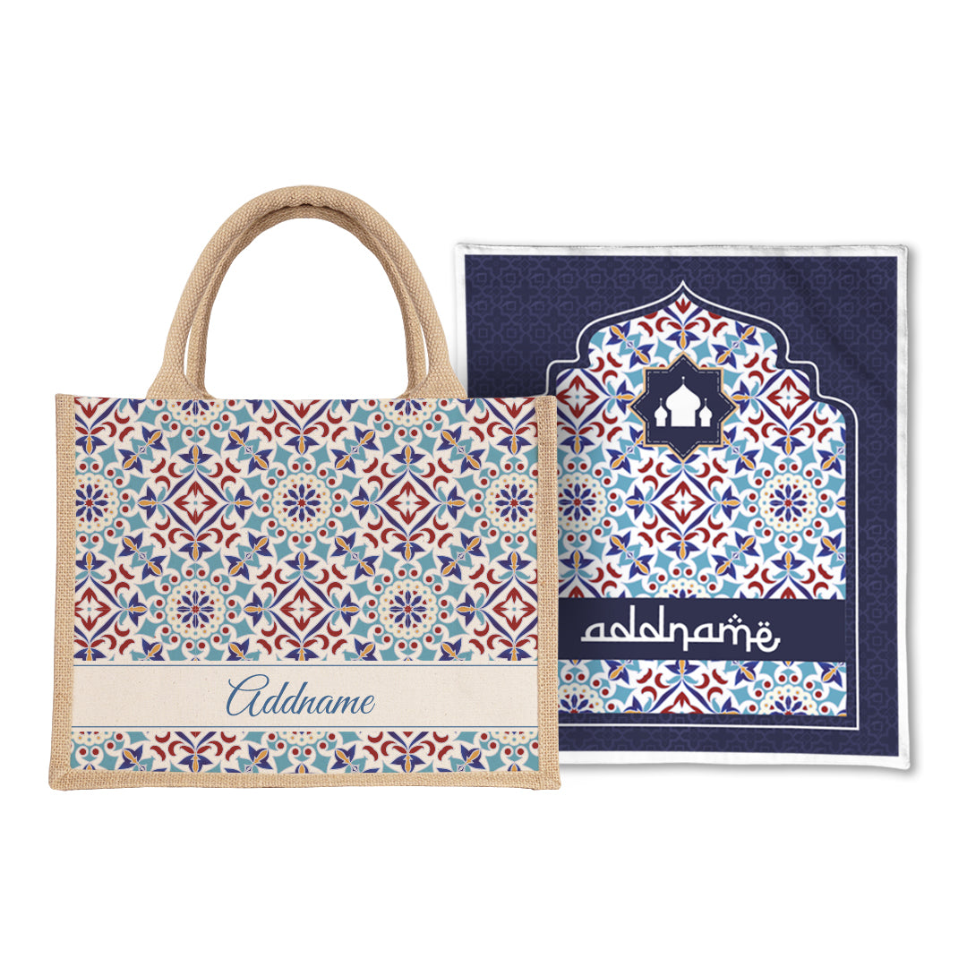Arabesque Agean Blue  Sejadah Prayer Mat with Half Lining Small Jute Bag Bundle