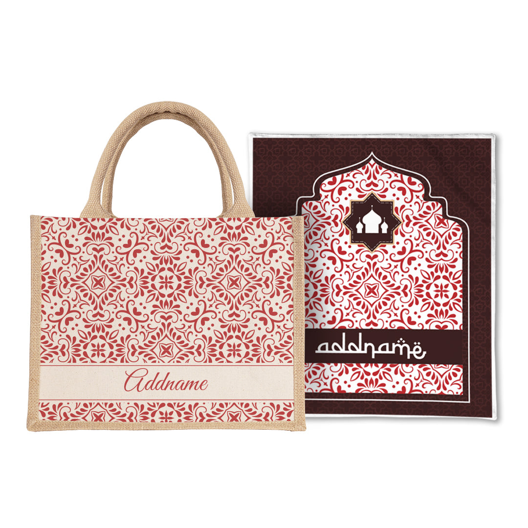 Arabesque Rosette  Sejadah Prayer Mat with Half Lining Small Jute Bag Bundle
