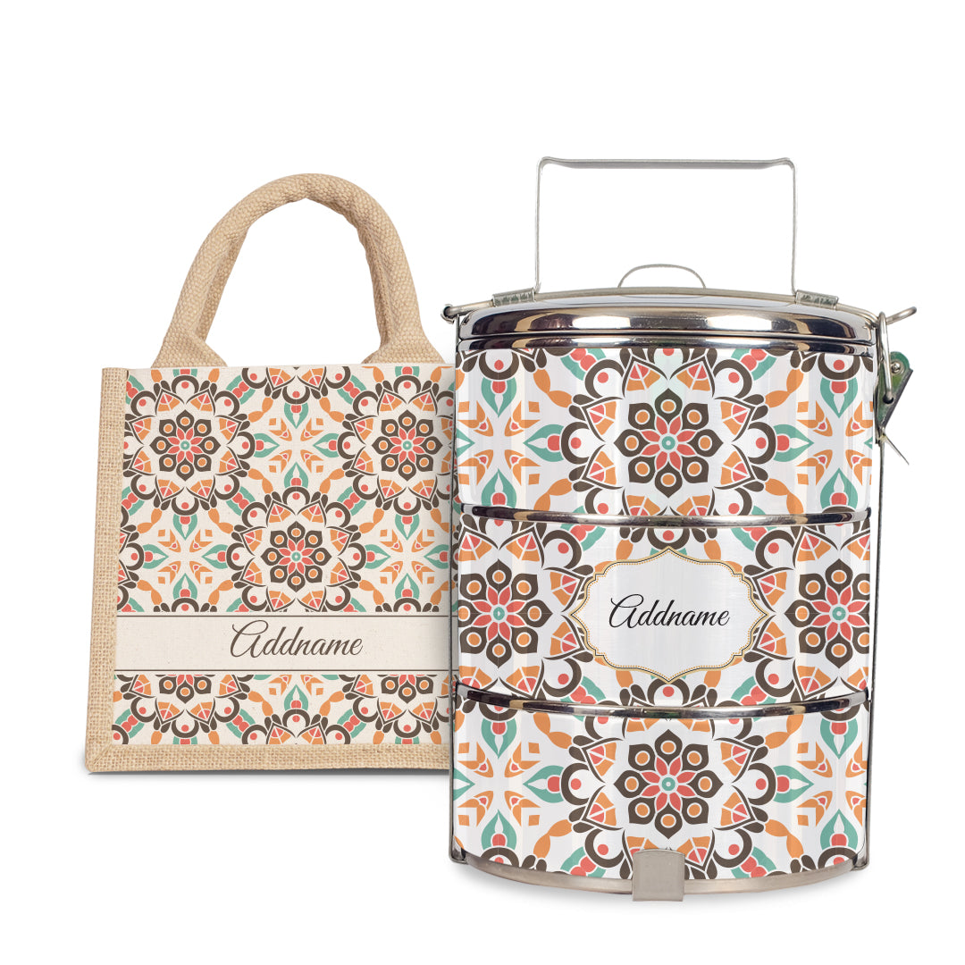 Moroccan Series - Arabesque Geo Brown - Lunch Tote Bag with Three-Tier Tiffin Carrier