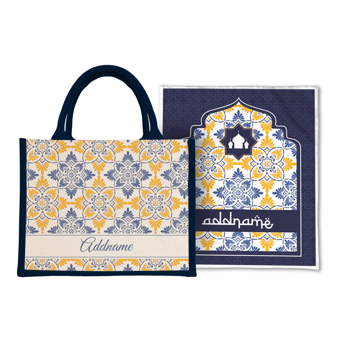 Arabesque Butter Blue  Sejadah Prayer Mat with Half Lining Small Jute Bag Bundle
