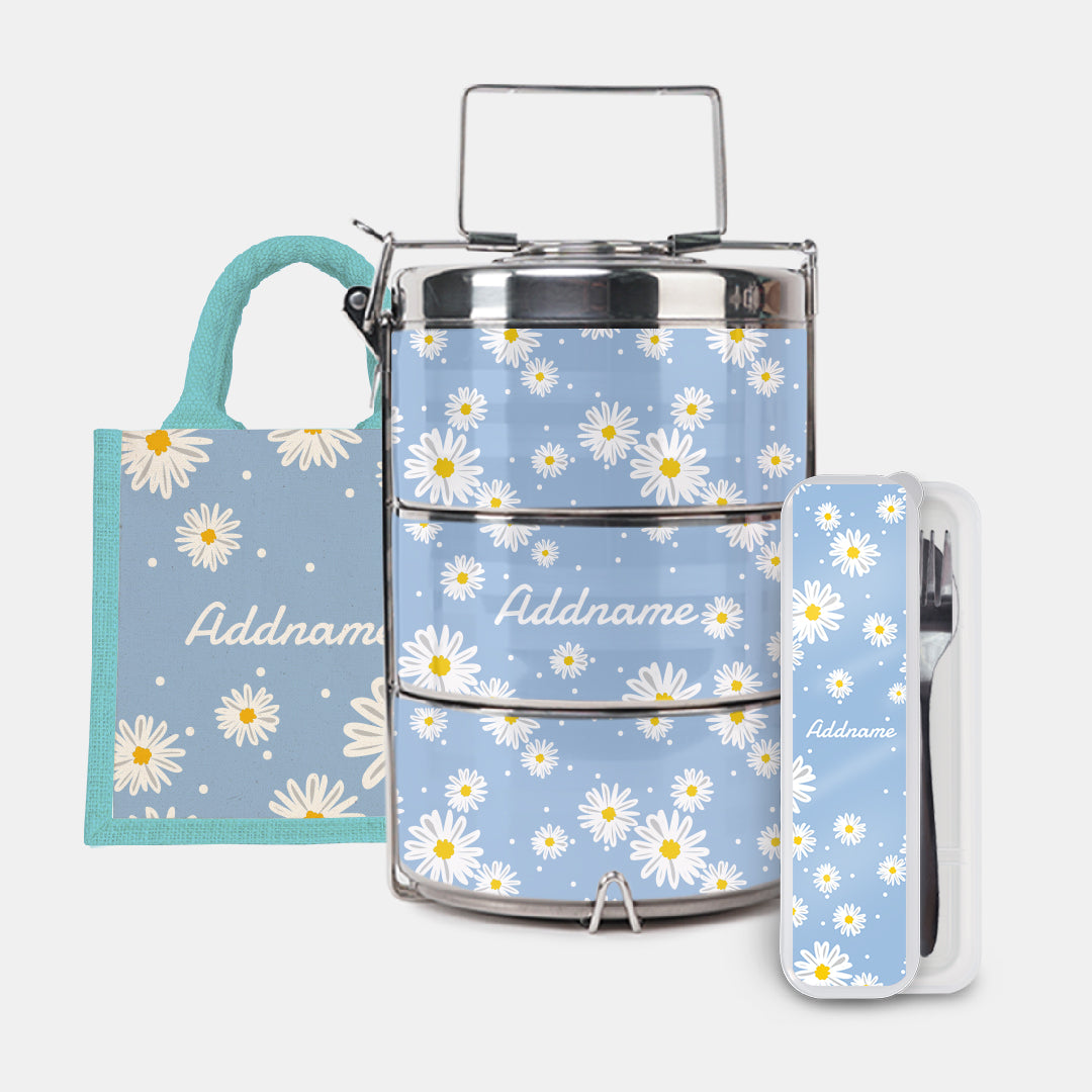 Daisy Series Half Lining Lunch Bag, Premium Tiffin Carrier And Cutlery Set - Frost Light Blue